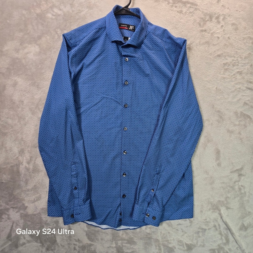 J. Ferrar Mens Slim Fit Stretch Button Down Shirt Blue Geometric Print M 15-15.5